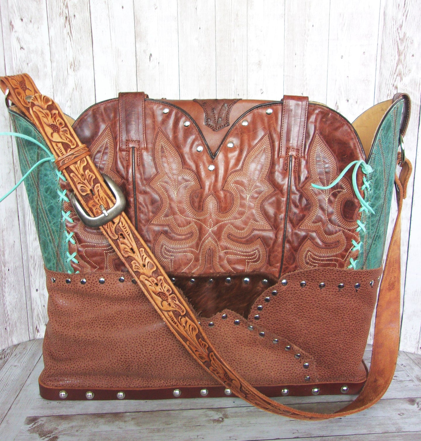 Cowboy Boot Laptop Tote LT39 handcrafted from cowboy boots. Shop Luggage & Bags at ChrisThompsonBags.com and buy the best boot purse, cowboy boot purse, cowgirl handbag, leather laptop tote, recycled cowboy boots, unique gift for her, unique gift for him, unique travel bag, western diaper bag, western laptop tote, western travel bag, XL cowboy Boot Purse, XL leather tote at Chris Thompson Bags.